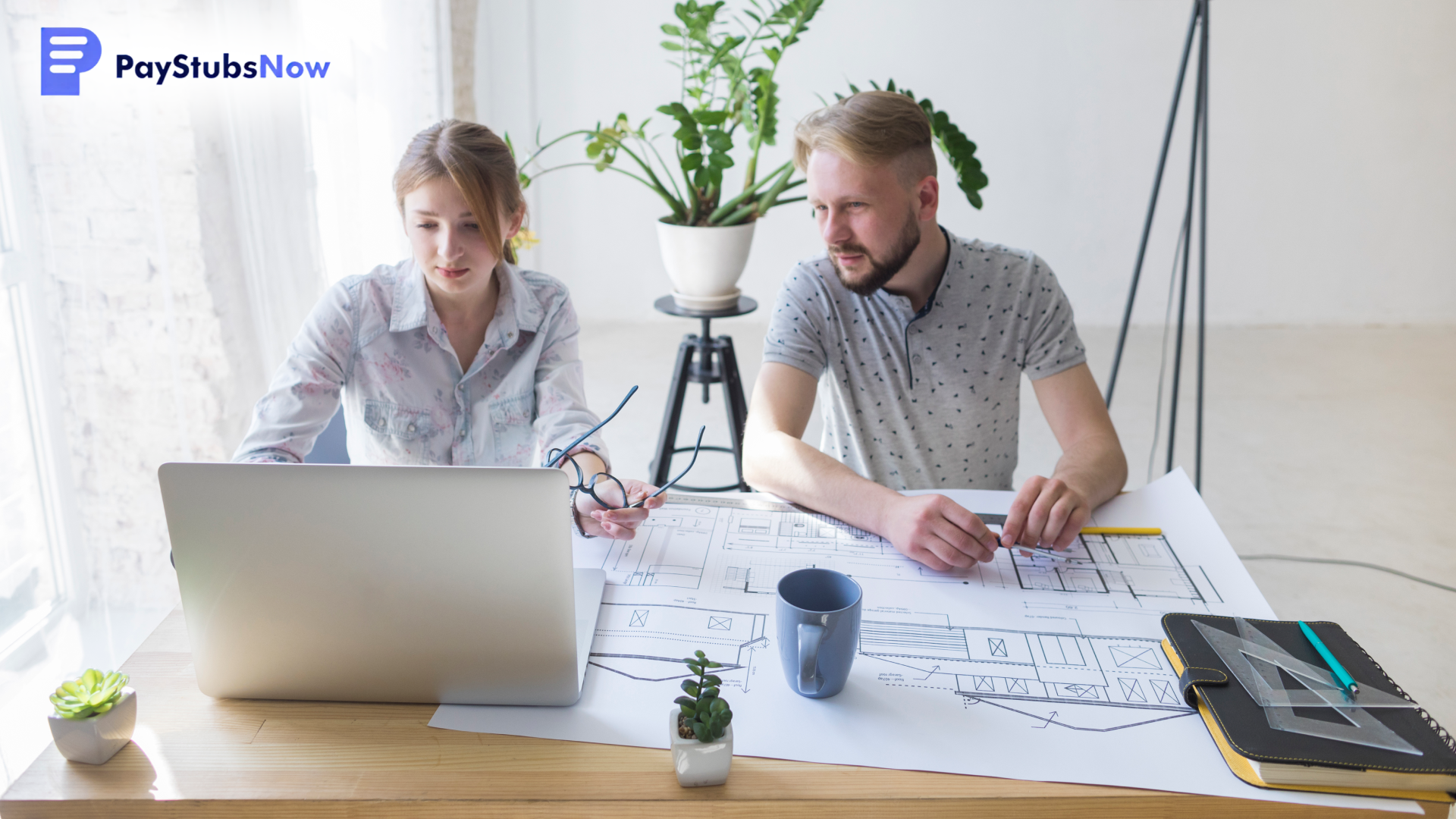 Two people review blueprints and work on a laptop at a table