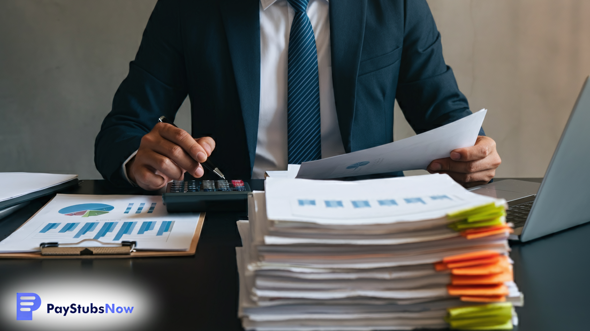 A person works at a desk, using a calculator while holding financial documents and sitting next to a large stack of files.