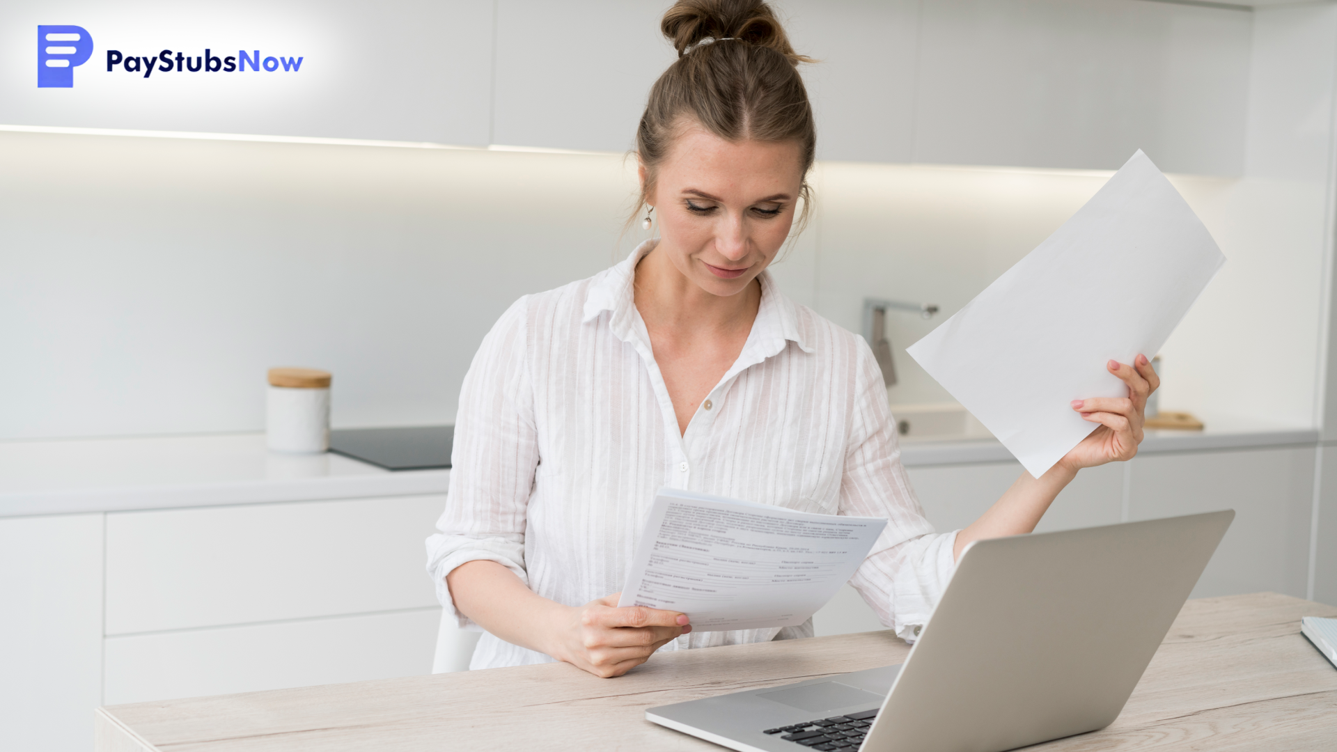 A woman reviews two pieces of paper while sitting at a kitchen table with a laptop open.