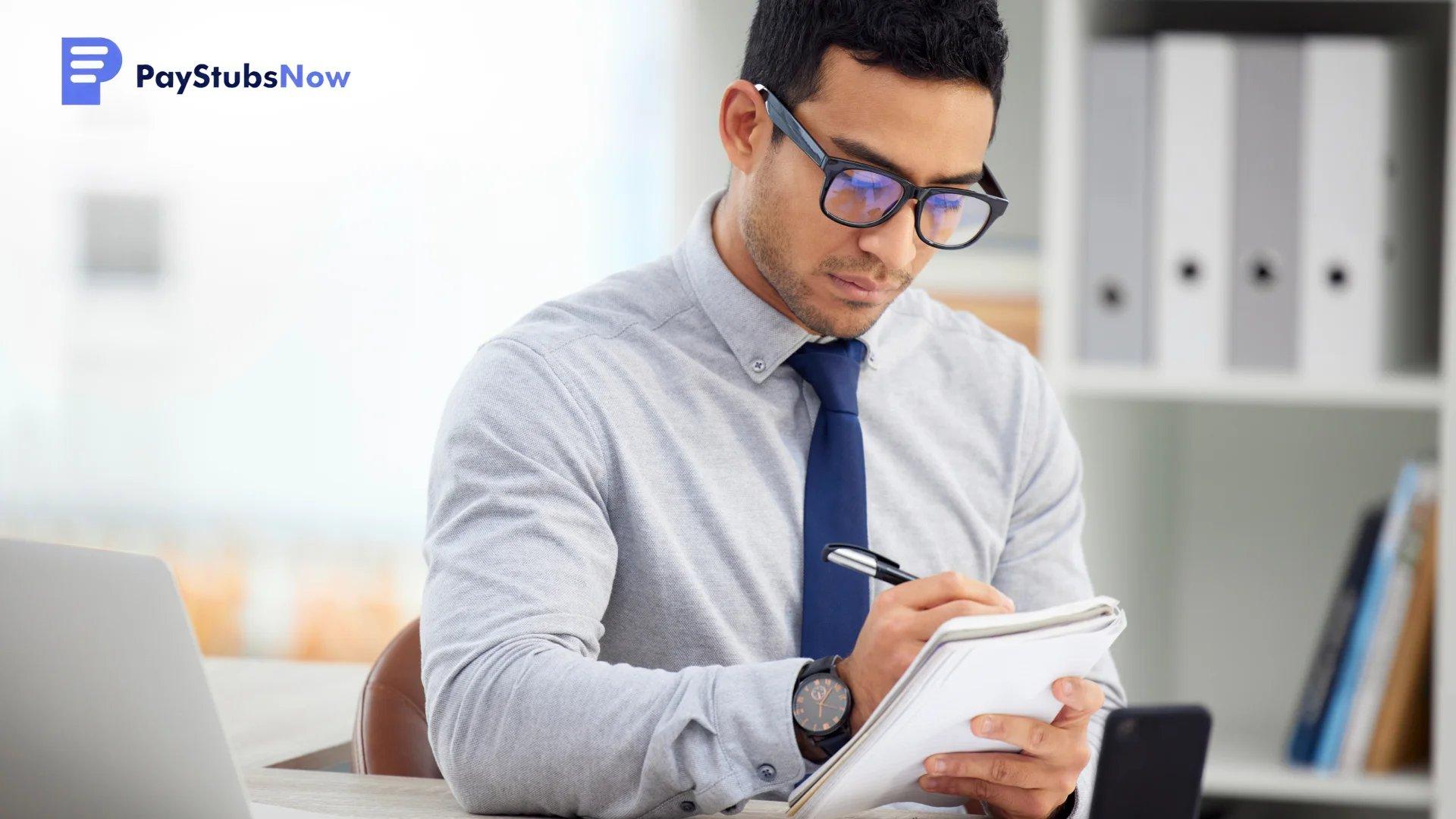 A focused man in glasses taking notes to understand what is a W-2 form and who gets one.