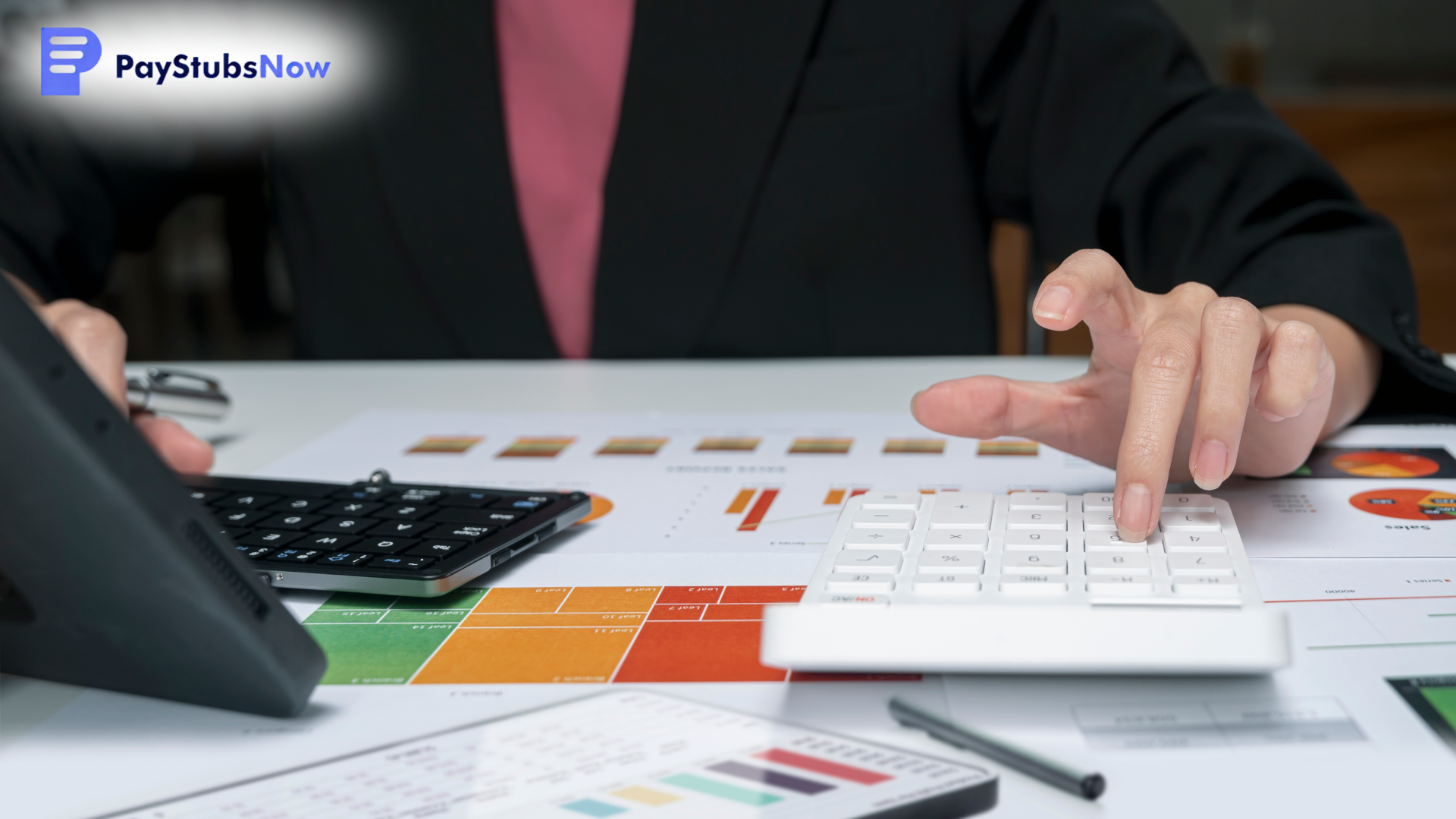 A close-up shot of a person in a business suit using a calculator on a desk covered with financial charts and reports.