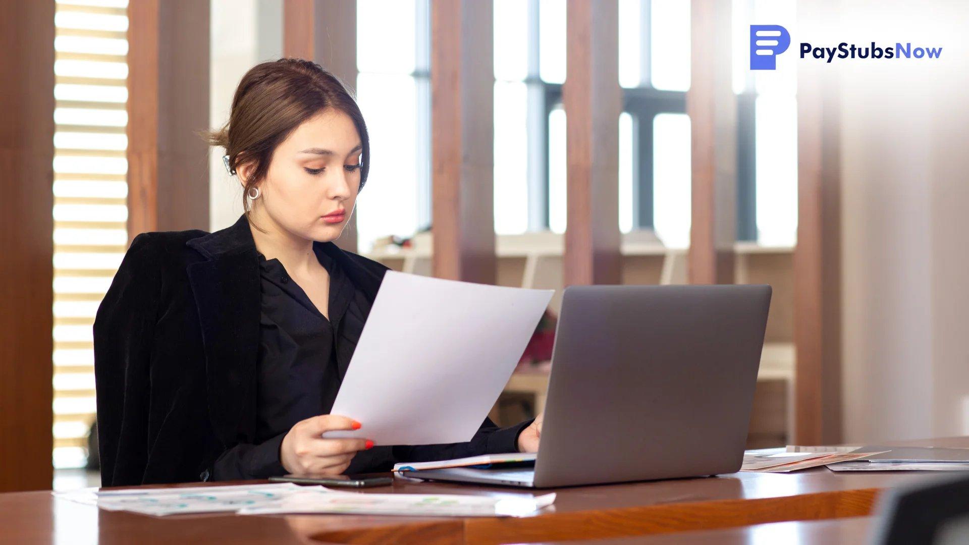 A woman working at her laptop while reviewing a paper to determine when W-2 forms should be mailed out.