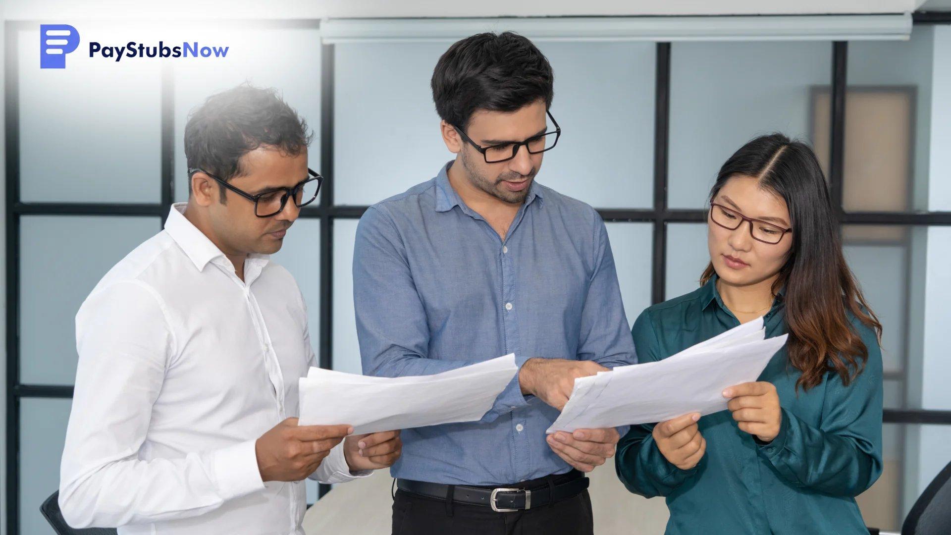 Three colleagues standing together to discuss unemployment audit requirements.