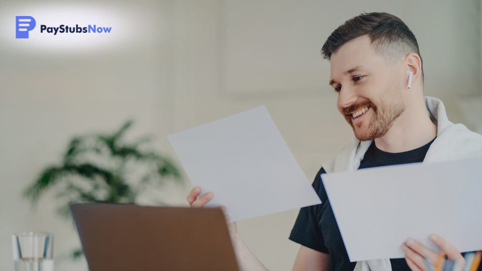 A freelancer looks at documents while working on a computer