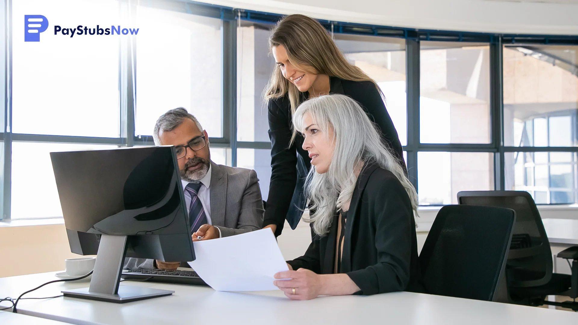 A team of three office professionals reviewing W-2 employer responsibilities.