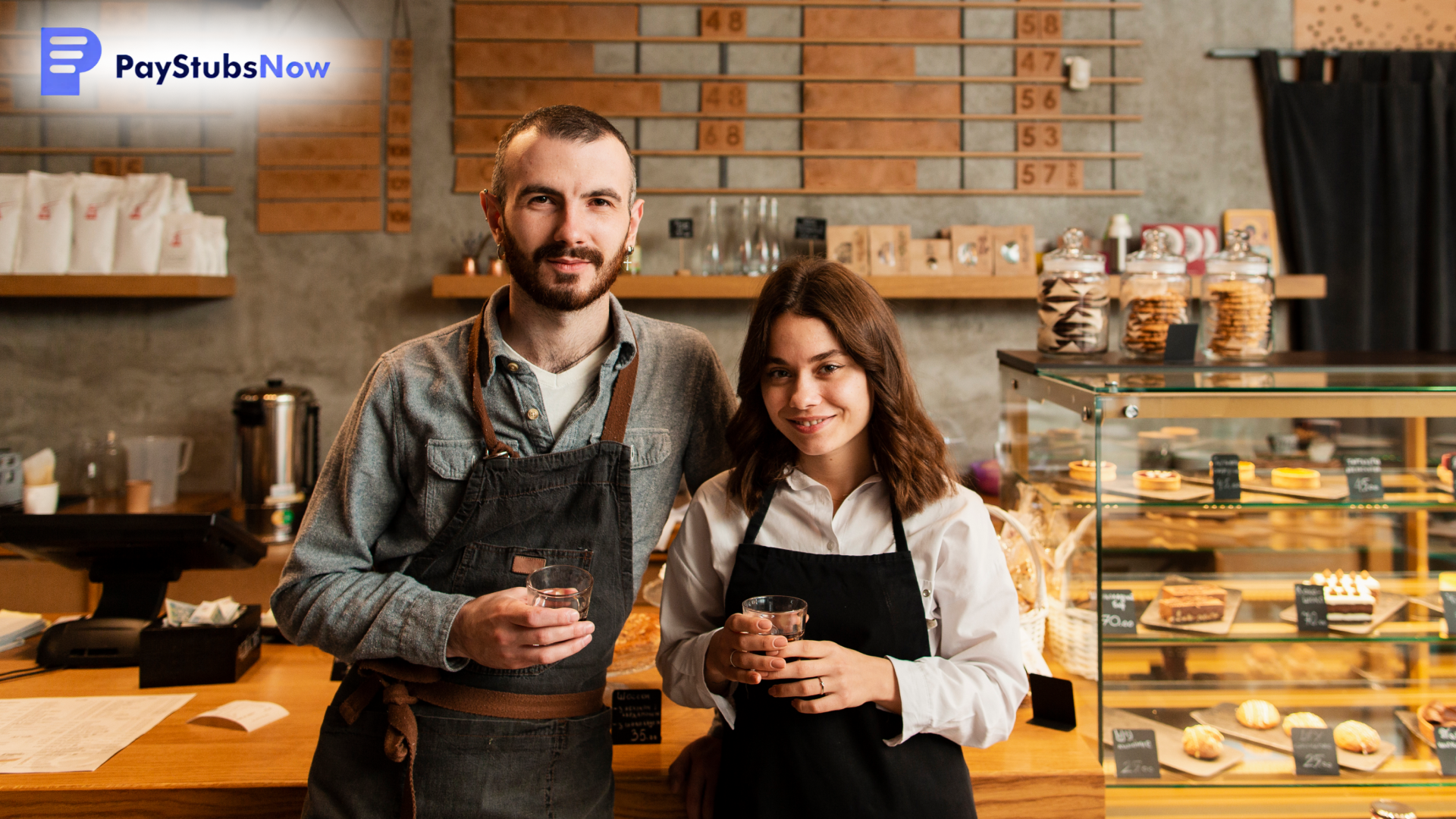 Two people wearing aprons stand behind the counter of a bakery or coffee shop