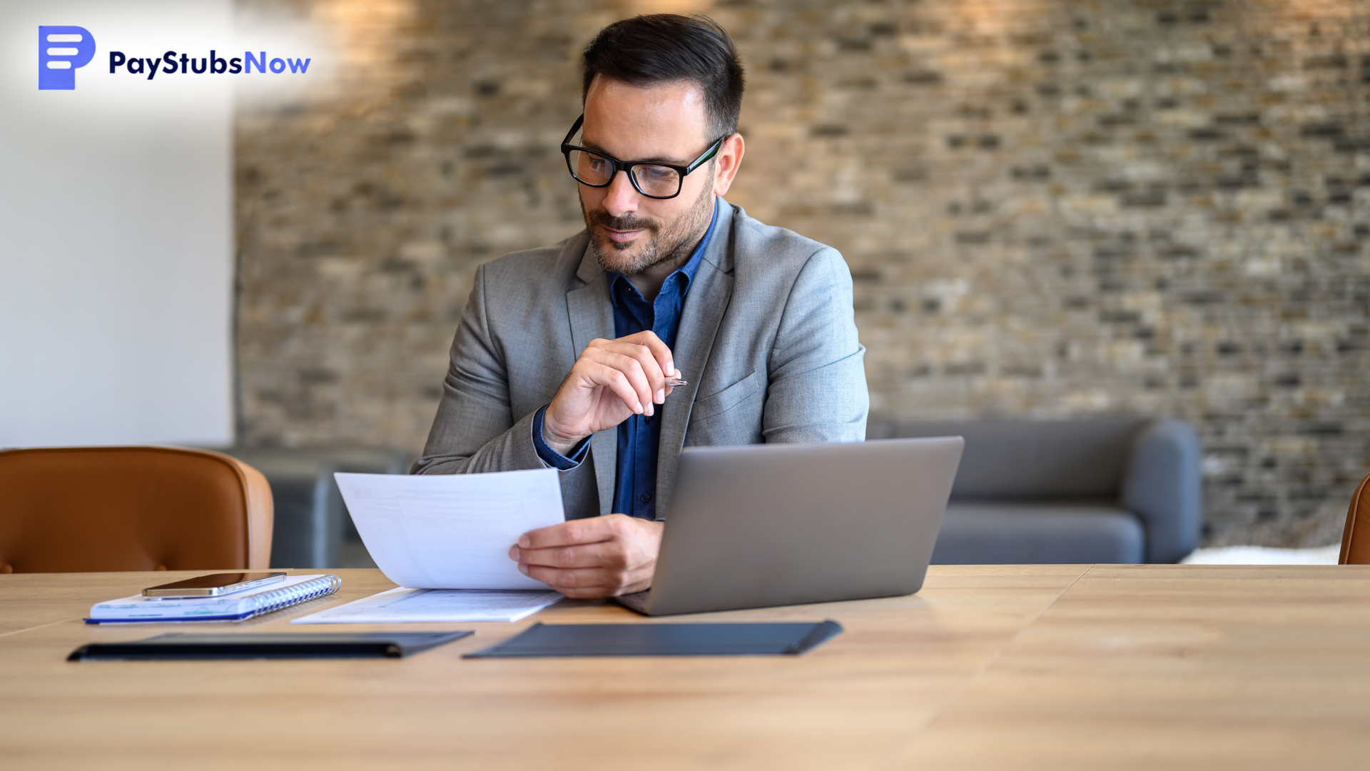 A man reviews an invoice next to a laptop in an office.