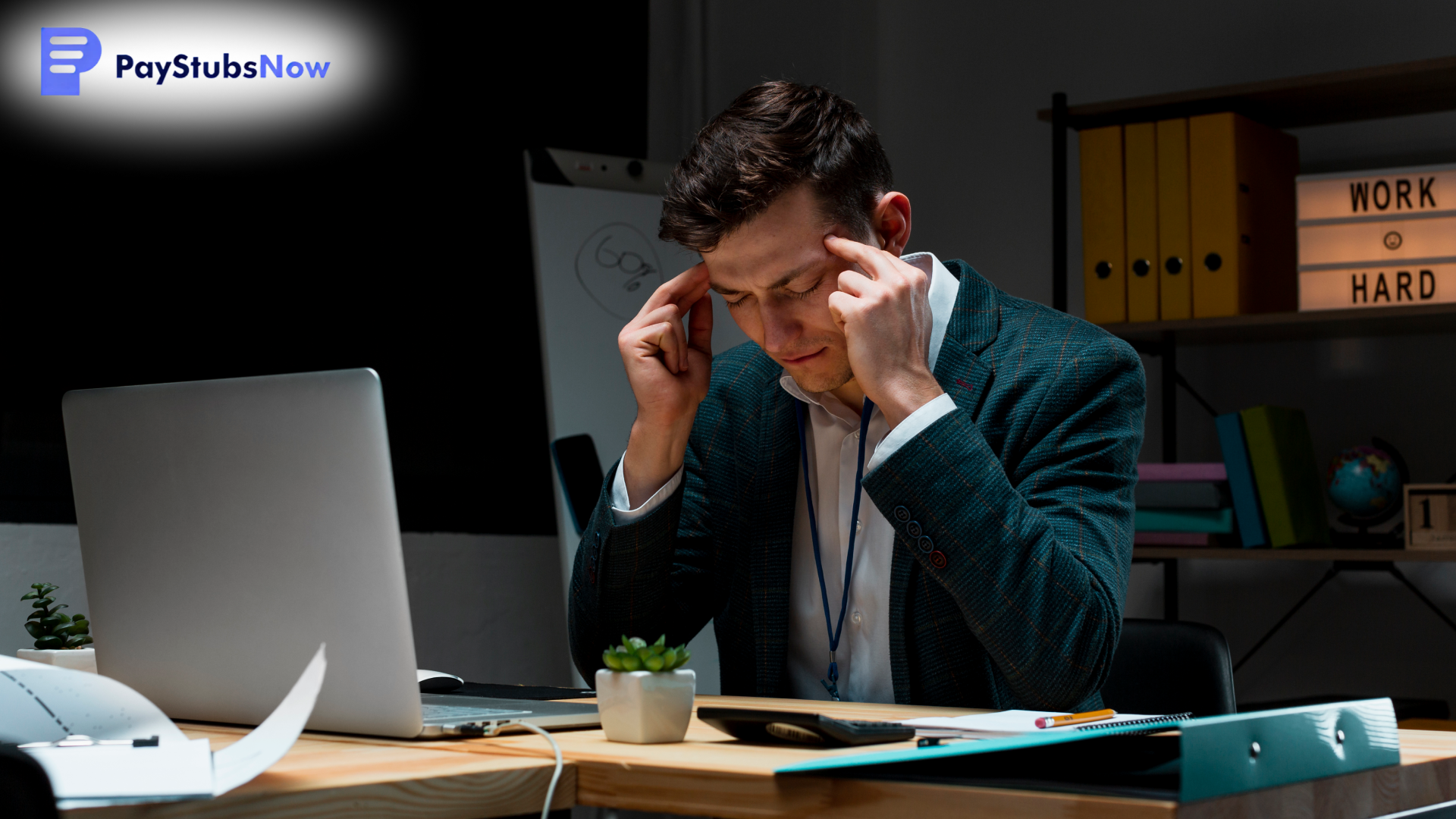 A businessperson sits at an office desk, holding his temples while appearing stressed