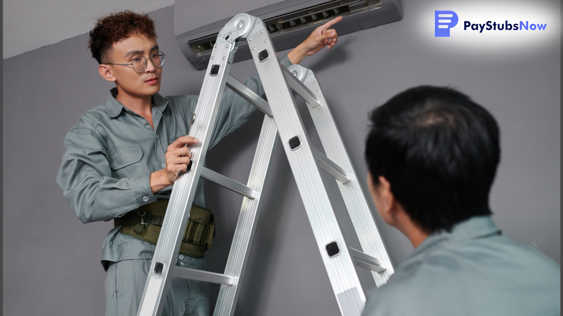 Two technicians are installing and inspecting an air conditioner while discussing the placement.