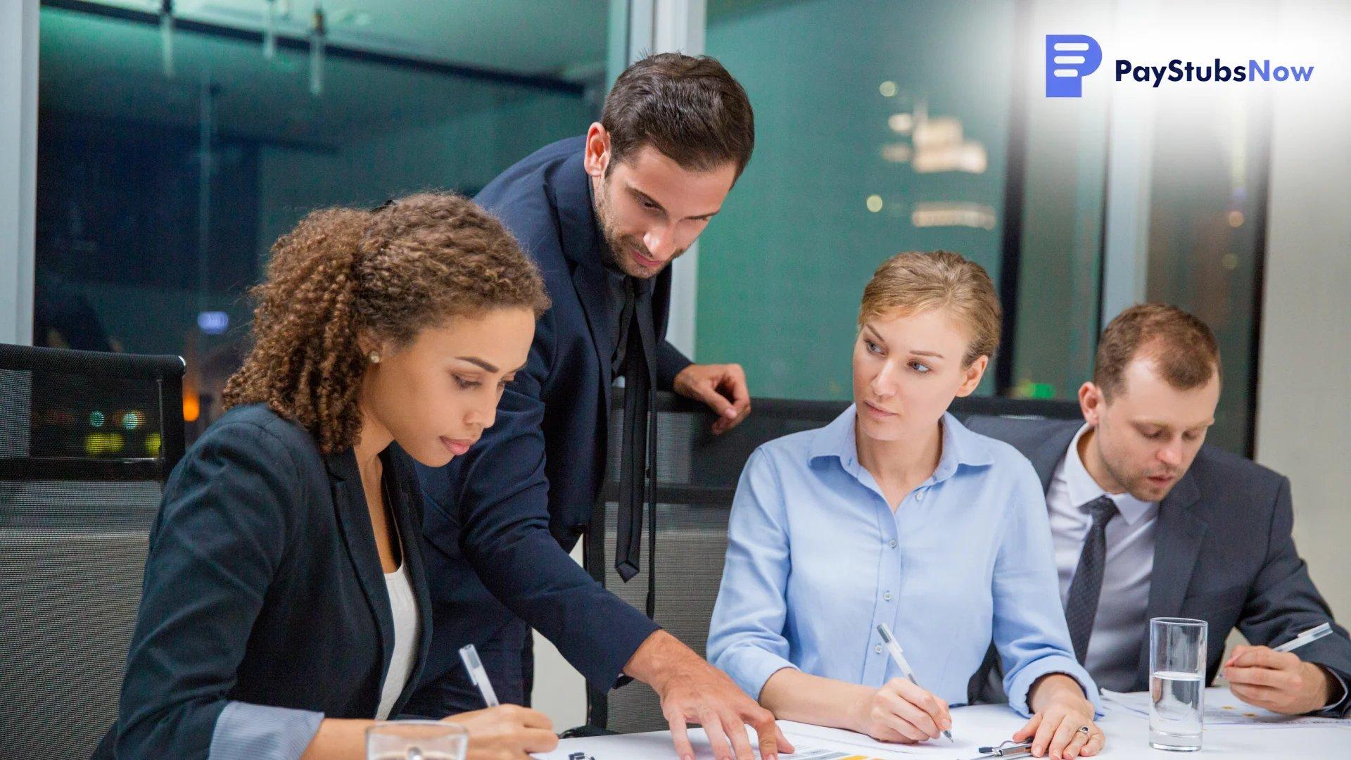 A concerned business team reviewing financial records.