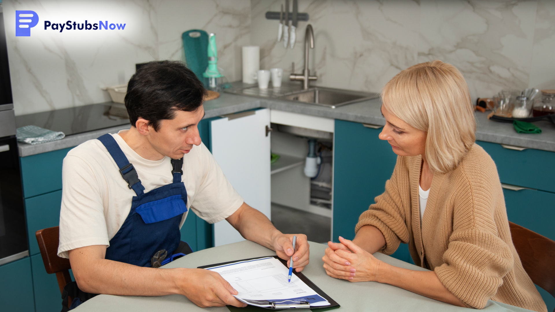 A technician reviews a service invoice with the homeowner at a kitchen table.