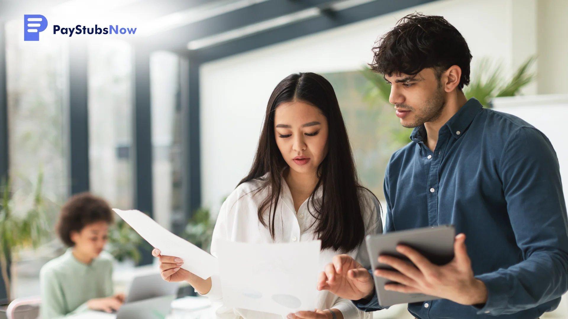 Two office workers examining a document to identify details in an unemployment audit letter and determine next steps.